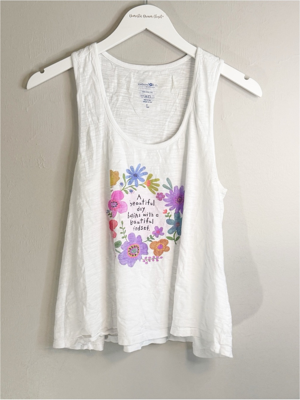 NATURAL LIFE Womenâs White Graphic Print Swing Tank BEAUTIFUL DAY BEGINS⌠Size L